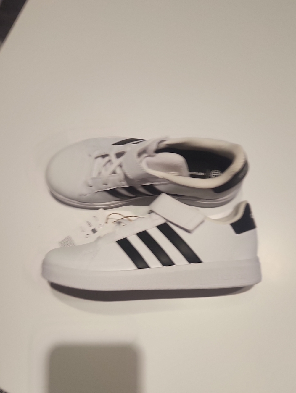adidas Kids White Sneakers with Black Stripes and Hook-and-Loop Strap